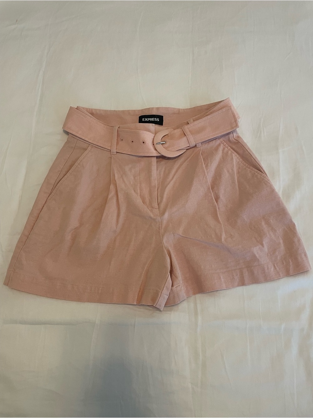 Express High-Waist Belted Pink Shorts